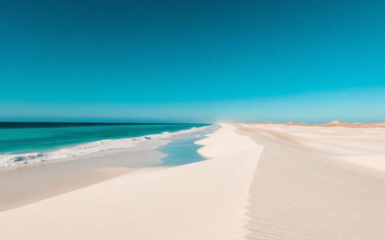 Kilometerlanger weißer Sandstrand auf Fuerteventura mit türkisblauem Atlantik