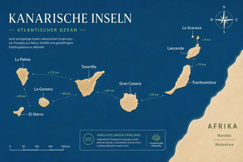 Karte der Kanarischen Inseln mit Teneriffa, Gran Canaria, Fuerteventura und Lanzarote