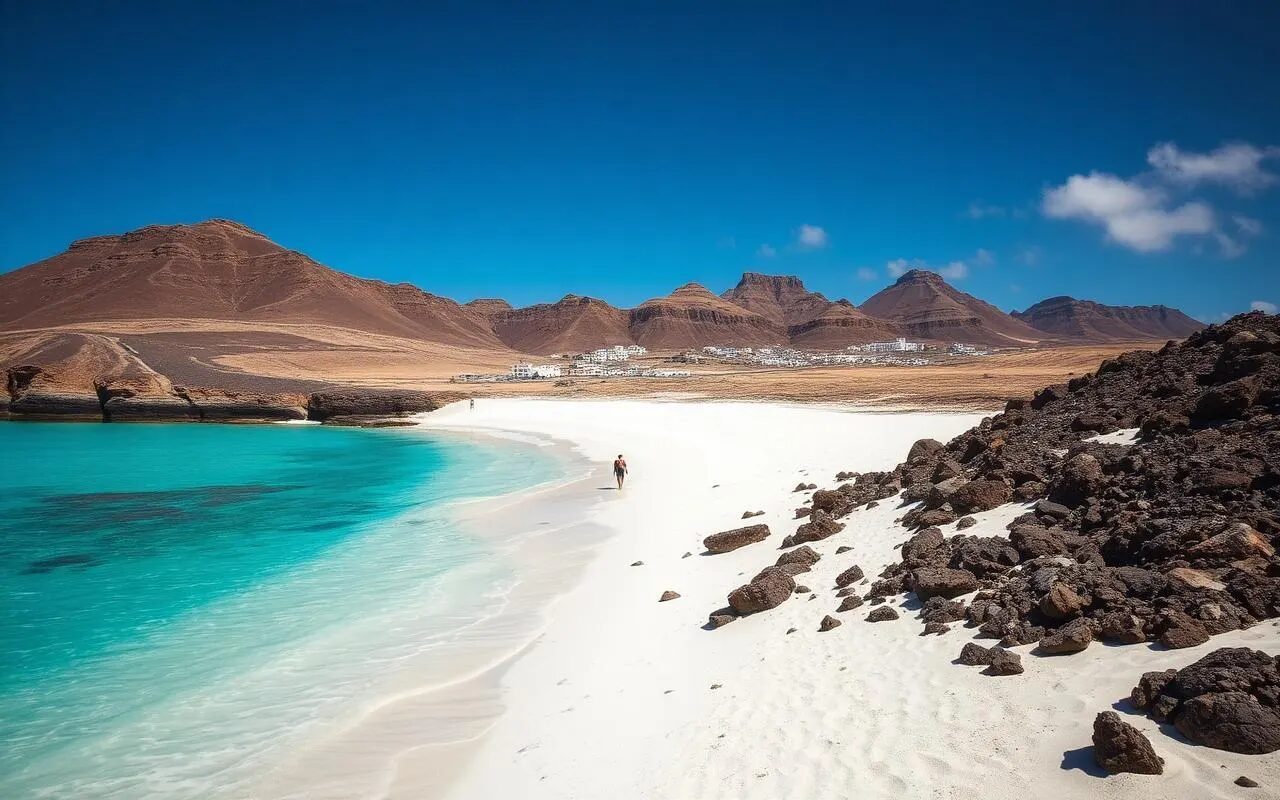 Türkisblaue Bucht mit weißem Sand auf der autofreien Insel La Graciosa