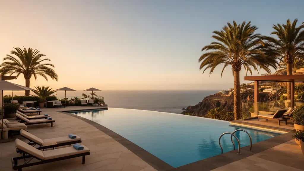 Ruhige Hotel-Poolterrasse mit Meerblick auf den Kanaren
