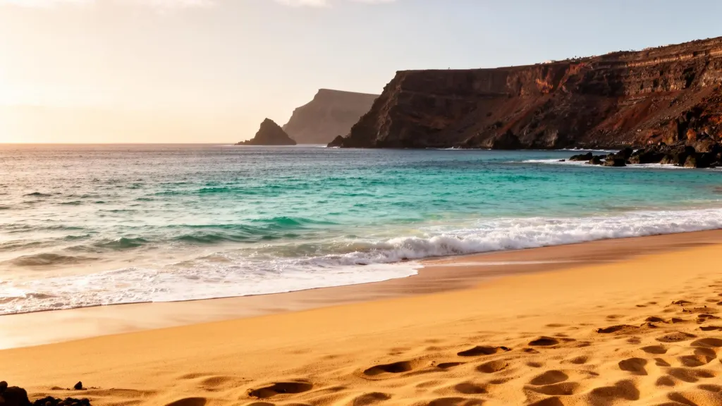 Sonniger Sandstrand mit türkisem Atlantikwasser und Vulkanklippen auf den Kanaren