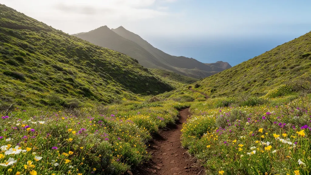 Frühlingshafte grüne Berglandschaft mit Wildblumen auf den Kanaren